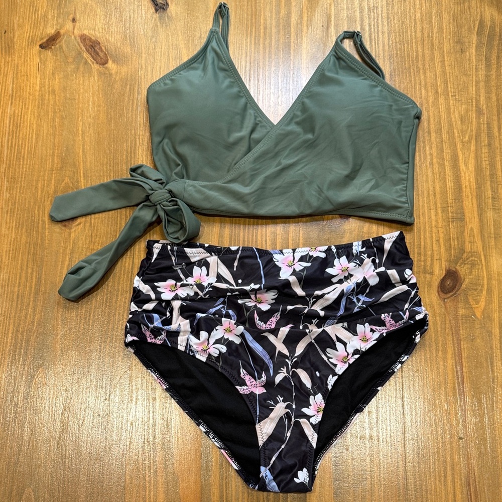 Olive Green Bikini top wrap tie 2 piece swimsuit with floral bottoms NWOT